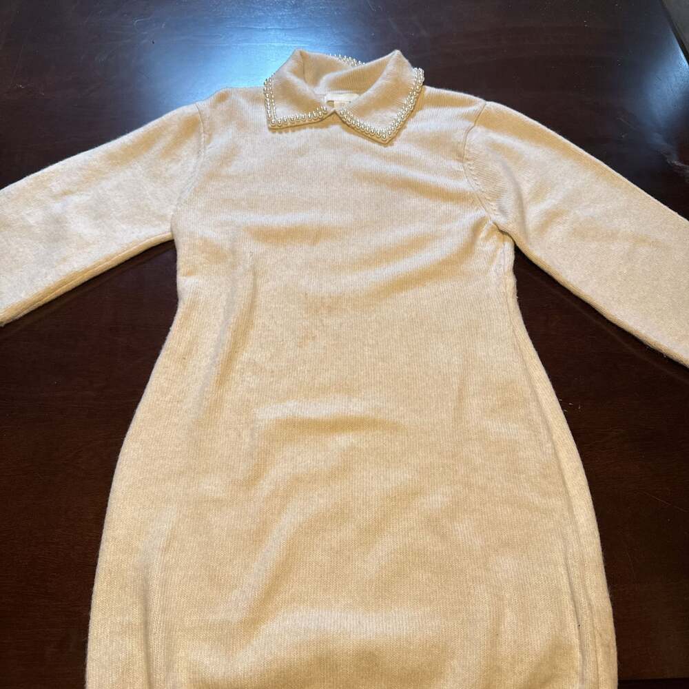H&M Pearl Collared Ribbed Knit Long Sleeve Sweater Dress Cream